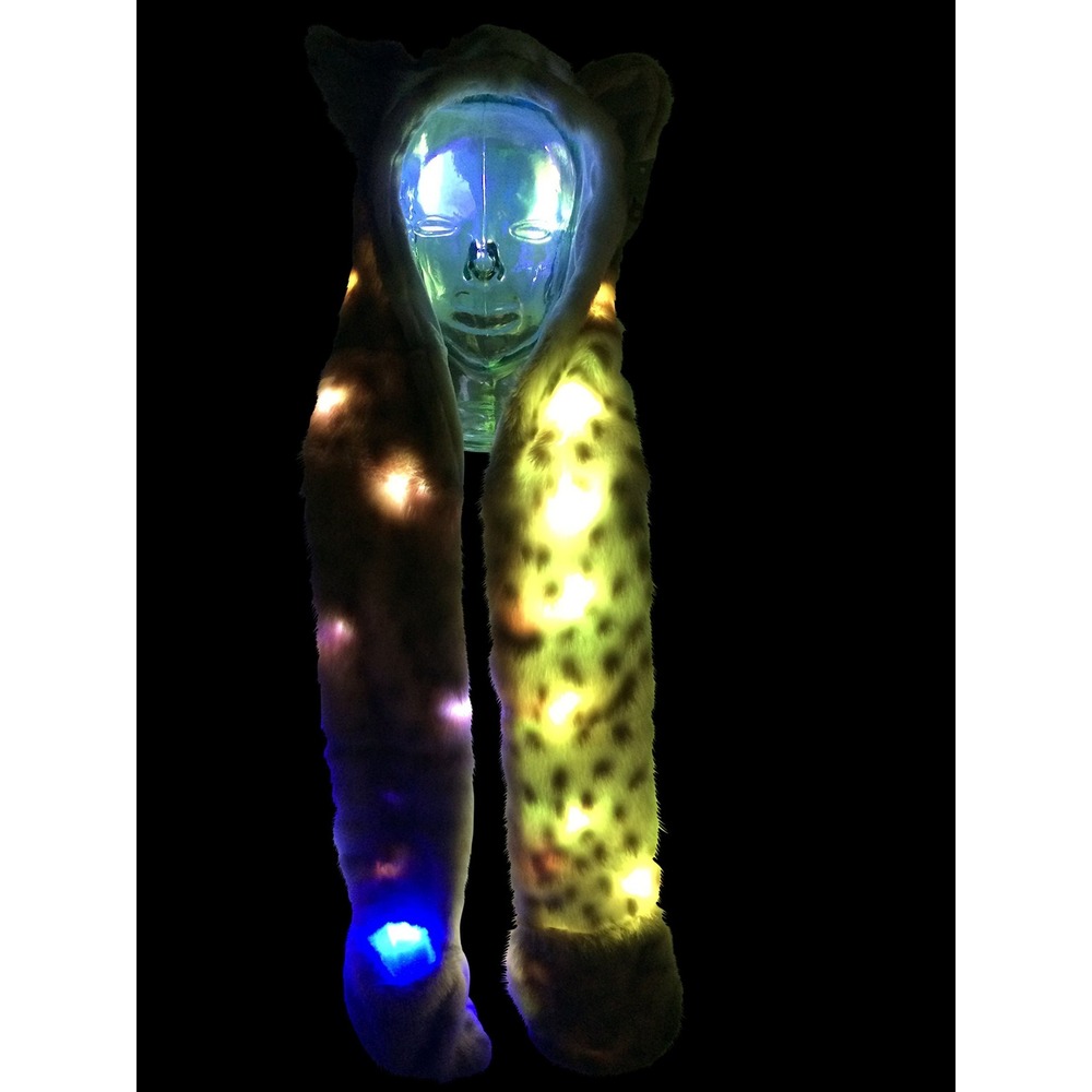 LED Light Up Snow Leopard Hat Scarf Gloves Faux Fur Spirit Hood w/ Paws Cosplay - Picture 7 of 9